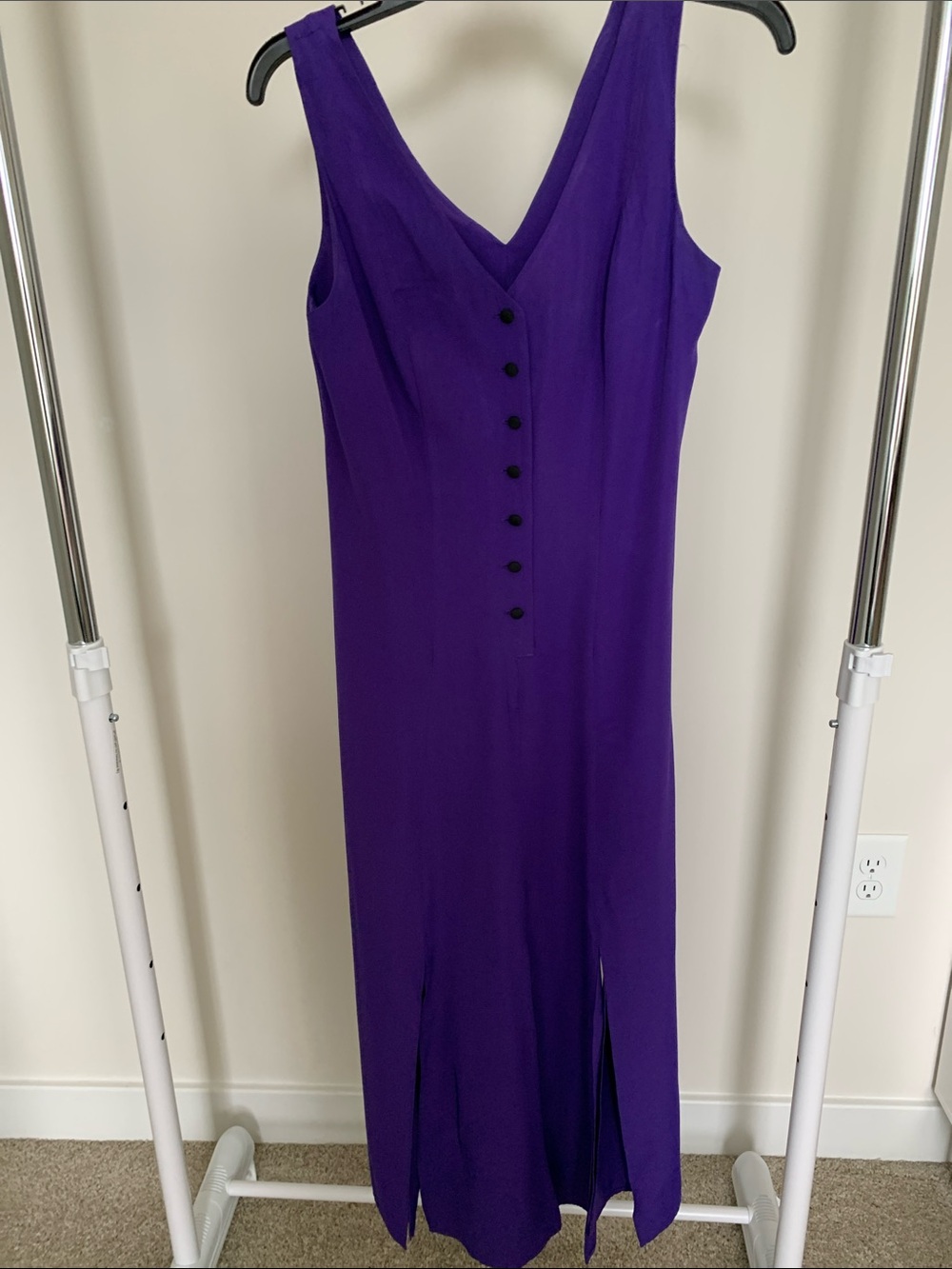 Wild Rose Purple Sleeveless V-Neck Maxi Dress with Front Buttons and jacket.
